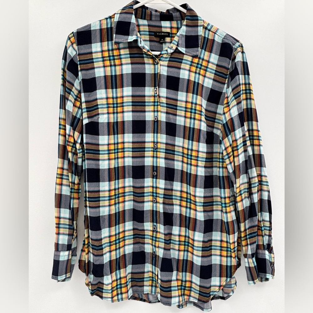 Talbots Womens Plaid Button Front Shirt M Navy Teal Yellow Flannel Button Cuffs